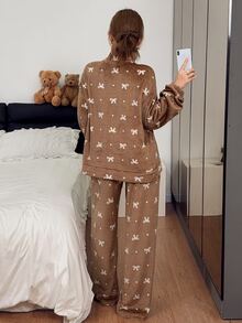 Napfluff Autumn/Winter Plush Stand Collar Zipper Cardigan With Double Pockets And Bow Print Long Sleeve Long Pants Women's Pajama Set - Brown - View 2