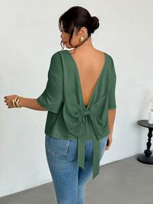Firerie Plus Size Women Solid Color Backless Casual Versatile Daily Wear Shirt - Green - View 6
