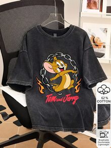 TOM & JERRY X SHEIN SHEIN EZwear 大尺碼休閒卡通印花圓領T恤，適合外出與返校季 - 黑色 - 查看 1