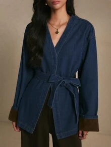 Poéselle Women's Casual Denim Jacket With Belt, Autumn - Dark Wash - View 7