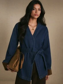 Poéselle Women's Casual Denim Jacket With Belt, Autumn - Dark Wash - View 1