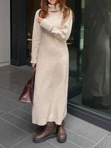 FRIFUL Women's Solid Color High Neck Long Sleeve Casual Knit Dress - Apricot - View 1