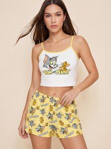 TOM & JERRY X SHEIN طقم بيجامة نسائي بطبعة كرتونية مكون من توب كاميسول وشورت - أصفر - مشاهدة 4