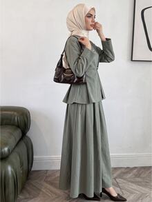 Solavon 女款純色長袖單排扣上衣與裙子阿拉伯風服裝套裝 - 綠色 - 查看 8