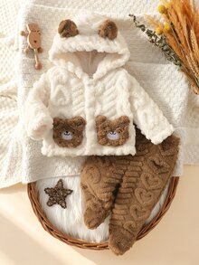 SHEIN Unisex Coral Fleece Set With Bear Embroidery For Newborn Babies, Winter Cute Style - Brown - View 2