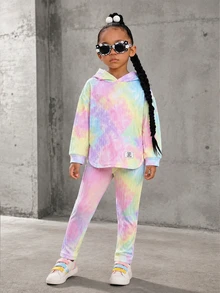 Elladie kids 女童新款彩虹印花連帽長袖上衣與鬆緊腰休閒羅紋針織長褲兩件套，春秋款 - 彩色 - 查看 4