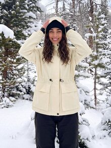 Exploreva Women's Solid Color Long Sleeve Drawstring Waist Hooded Outdoor Windbreaker Jacket - Beige - View 3