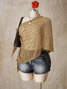 SHEIN ICON 女款大尺碼不對稱下擺不對稱肩帶流蘇針織上衣 - 卡其色 - 查看 5