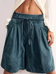 Bohemela Women's Drawstring Waist Pocket Loose Wide Leg Shorts - Medium Wash - View 6