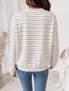 SHEIN LUNE 女款條紋圓領落肩長袖休閒寬鬆衛衣 - 白色 - 查看 2