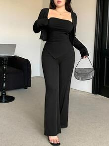 Dazy Plus Setelan 3 Potong Jaket Kardigan Bandeau Pas Badan Warna Polos dan Celana Panjang, Setelan 2 Potong Baru Musim Semi/Gugur - Hitam - View 5