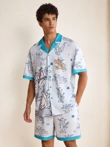 TOM & JERRY X SHEIN Men's Cartoon Print Short Sleeve Top And Pocket Shorts Loungewear Set - Baby Blue - View 4