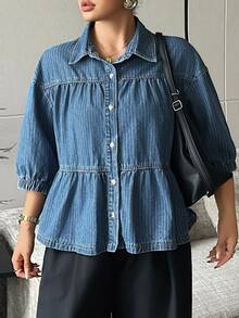 Dazy Plus Plus Size Women's Loose Street Casual Cardigan With Lapel, Patchwork Lantern Sleeves, 5-Point Sleeves, Denim Top For Spring, Summer, Autumn - Medium Wash - View 1