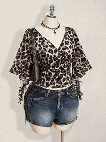 SHEIN ICON Plus Size Women's Leopard Print Ruffle Sleeve Fashion T-Shirt - Multicolor - View 7