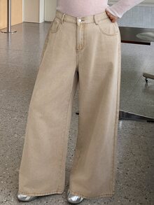 Dazy Plus Women's Vintage Washed Distressed High Waist Slimming Loose Casual Straight Leg Floor Length Denim Jeans - Apricot - View 8