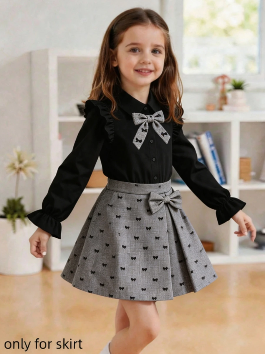Souflis Souflis 1件女童A字裙,優雅黑色蝴蝶結印花圖案,彈性腰頭,時尚休閒戶外蝴蝶結裝飾裙 - 灰色 - 查看 1