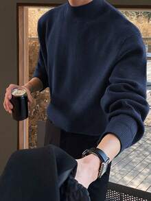 Marcello Vane 男士休閒純色立領毛衣，秋冬款 - 寶藍色 - 查看 6
