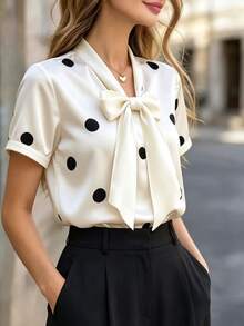 RosyDaze Plus Size Women's Polka Dot Print Tie Neck Short Sleeve Elegant Blouse - Apricot - View 4
