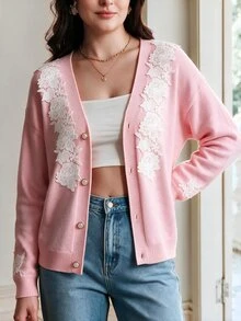 Easura Plus Size Gentle Style Lace Patchwork V-Neck Cardigan Winter - Pink - View 10