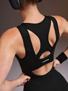 Powerista Women's Black Wide Strap Short Leg Backless Round Neck Zipper Half-Open Front Fitted Jumpsuit - Black - View 3
