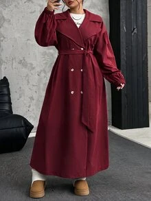 SHEIN EZwear 大尺碼女款純色時尚百搭日常休閒風衣外套 秋季 - 酒紅色 - 查看 6