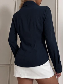SHEIN EZwear 女款新款刺繡裝飾海軍藍修身長袖襯衫 - 藏蓝色 - 查看 2