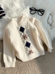 SHEIN 小男孩純色兒童百搭舒適圓領長袖套頭秋季毛衣 - 彩色 - 查看 3