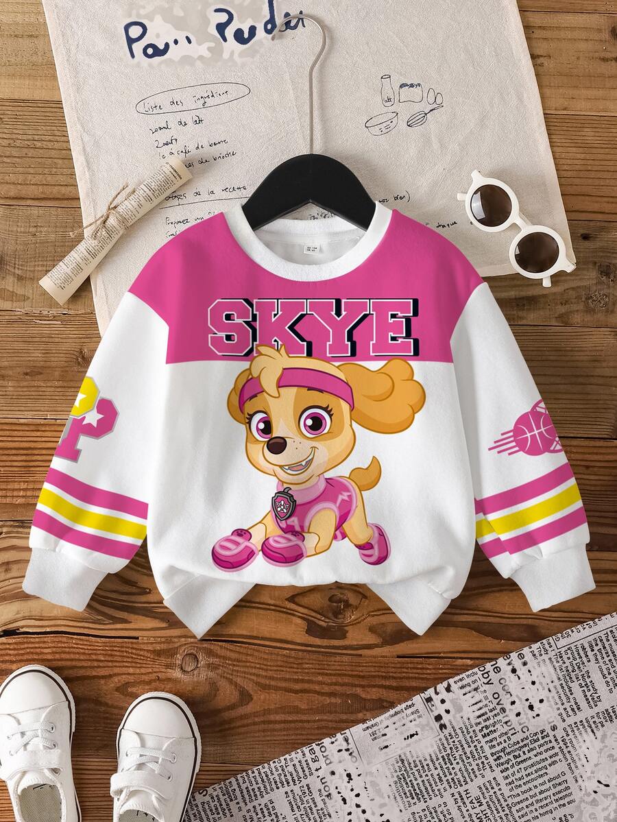 SHEIN | PAW Patrol Young Girl Cute Cartoon Pattern Print Crew Neck Long Sleeve Sweatshirt - White - View 1