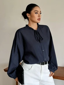Dazy Plus Solid Color Casual Lantern Sleeve Small Stand Collar Loose Fit Fun Commute Spring Autumn New Long Sleeve Blouse - Navy Blue - View 1