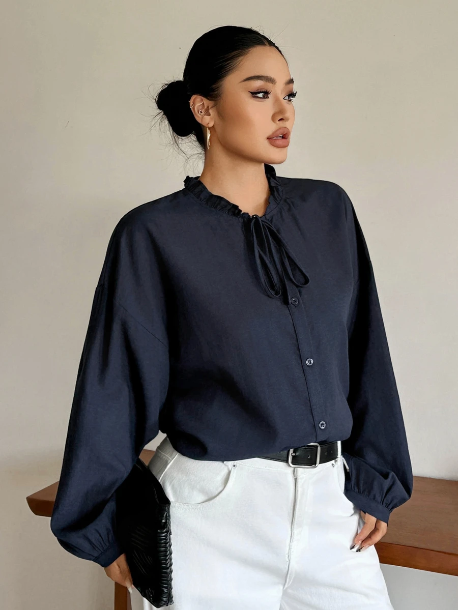 Dazy Plus Solid Color Casual Lantern Sleeve Small Stand Collar Loose Fit Fun Commute Spring Autumn New Long Sleeve Blouse - Navy Blue - View 1