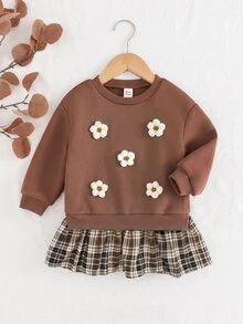 SHEIN 女嬰可愛秋冬款棕色花卉格紋長袖洋裝 - 摩卡棕 - 查看 1