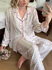 CottageSlumber Set Piyama Santai Ukuran Plus dengan Motif Kerut Gelembung, Model Kemeja, dan Kancing Depan - Baby Pink - View 3