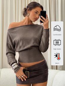 Aloruh Sweater Wanita Lengan Panjang Bergaris Cokelat Model Off-Shoulder untuk Musim Gugur/Dingin - Merah tua - View 1