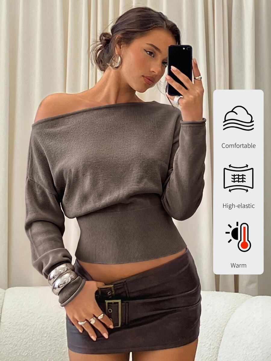 Aloruh Sweater Wanita Lengan Panjang Bergaris Cokelat Model Off-Shoulder untuk Musim Gugur/Dingin - Merah tua - View 1