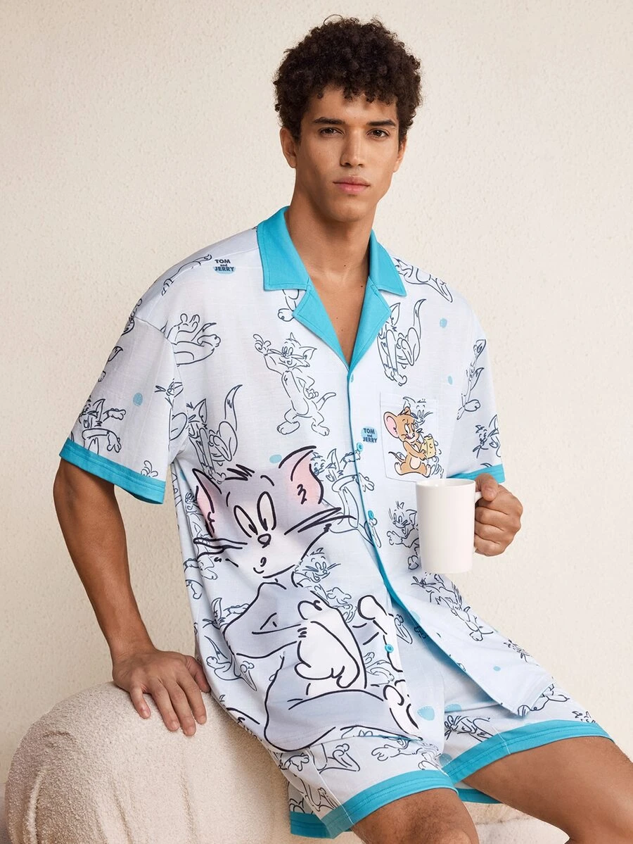 TOM & JERRY X SHEIN Men's Cartoon Print Short Sleeve Top And Pocket Shorts Loungewear Set - Baby Blue - View 1
