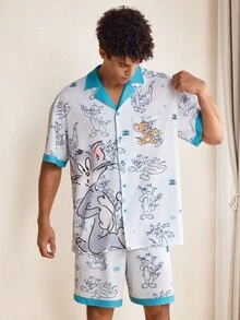 TOM & JERRY X SHEIN Men's Cartoon Print Short Sleeve Top And Pocket Shorts Loungewear Set - Baby Blue - View 3
