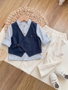 PrepCrw 3-Pack Cute Young Boy Casual Minimalist Academy Style Suit, Includes Regular Vest, Stand Collar Shirt, Adjustable Long Sleeve Top And Trousers, Gentleman Style, Suitable For Birthday Party, Dinner, Performance, Wedding, Baptism, Opening Ceremony And Other Occasions, Indoor And Outdoor, Daily Wear - Multicolor - View 3