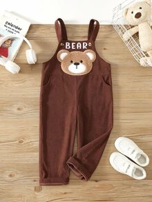 SHEIN Kids Young Boys Baby Boy Corduroy Cute Cartoon Bear Pattern Overall Jumpsuit, Versatile And Comfortable, Suitable For Spring, Autumn And Winter - Brown - View 3