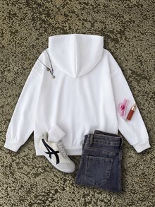 SHEIN 青少年女孩秋冬虎紋印花連帽長袖套頭衛衣，適合返校日常通勤時尚穿搭 - 白色 - 查看 2