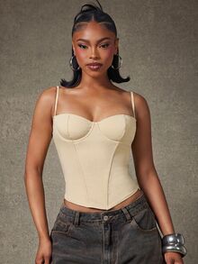 Denimoi 性感束胸式緊身衣上衣 後背繫帶 時尚上衣 女生 GNO 約會之夜 外出晚餐穿搭 夜店裝 - 奶油色 - 查看 4