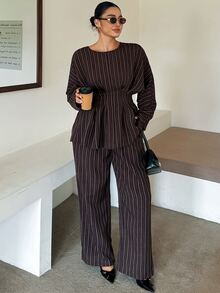 Dazy Plus Autumn Loose Business Casual Ruffle Waist Office Wear Shirt And Suit Pants 2 Pieces Set Elegant - Brown - View 5