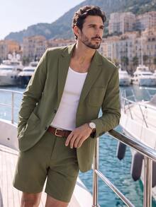 Suiteron Men's Solid Color Long Sleeve Jacket And Shorts Casual Suit Set Men's Italian-Style Relaxed Casual Suit Set For Vacation, Daily Commuting, Old Money - Army Green - View 3