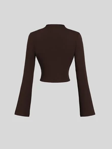 Sweetra Women's New Spring Summer Autumn Winter Outfit Half-High Neck Solid Color Top And Ruched Waist Skirt Set, Suitable For Travel, Commuting, Shopping, Dating, Dining, Versatile 2-Piece Set - Brown - View 6