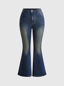 ROMWE Y2K Women's Vintage Leopard Print Applique Rhinestone Flare Jeans Plus Size - Blue - View 4
