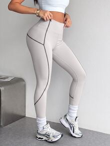 SHEIN Dewbera Women's High-Waist Curved Design Light Gray Tight-Fitting Sports Leggings For Outdoor Exercise - Light Grey - View 5