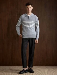 Manfinity CityGents 男士 Polo 領長袖套頭毛衣，Ins 風格，華麗派對街頭成熟風，寬鬆版型拼色秋季正式老錢風毛衣 - 淺灰色 - 查看 6