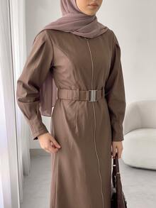 Solavon Women's Solid Color Long Sleeve Zipper Front Casual Long Dress - Coffee Brown - View 1