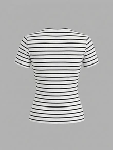 SHEIN EZwear 3件組休閒極簡風女款圓領修身長短袖T恤套裝，95%棉，94%棉條紋 - 彩色 - 查看 8