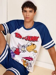 TOM & JERRY X SHEIN Men's Colorblock Patchwork Cartoon Print T-Shirt And Shorts Set - Blue and White - View 4