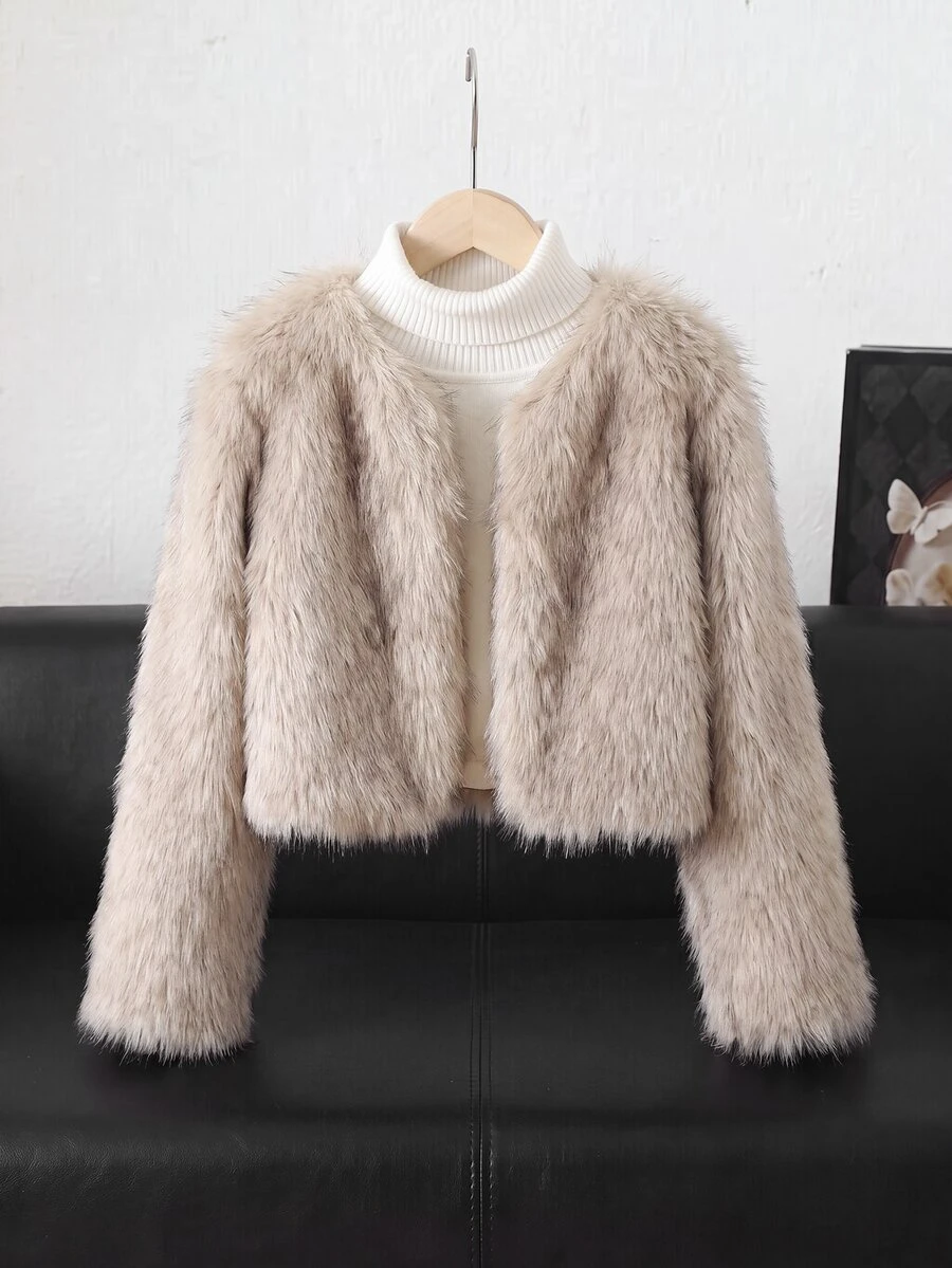 SHEIN 青少年女孩純色米色長袖休閒毛絨外套 秋冬款 - 卡其色 - 查看 1